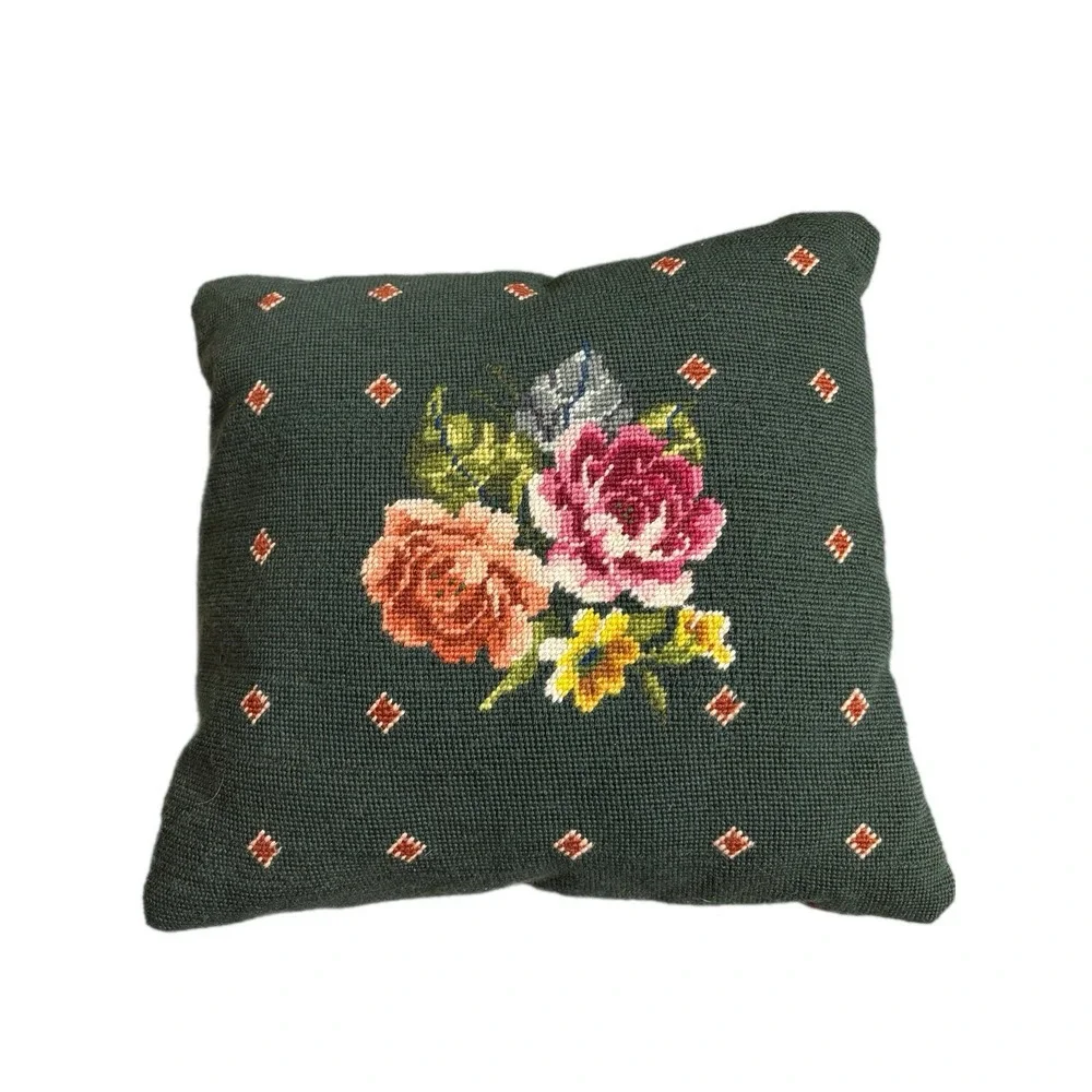 Handmade‎ English Tapestry Green Rose Floral Pillow Wool And Velvet Cottagecore